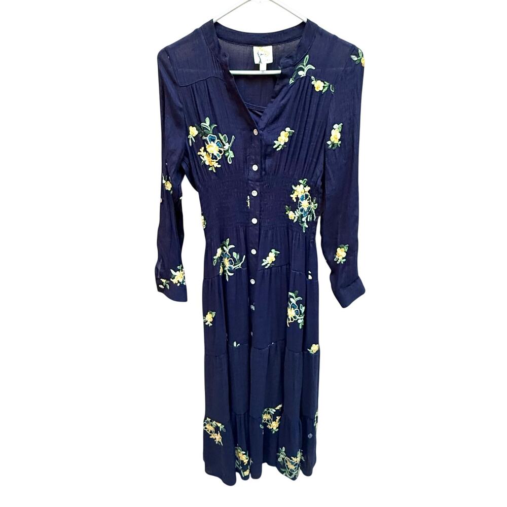 Anthropologie Fig & Flower Womens Floral Maxi Dress Size PM Embroidered